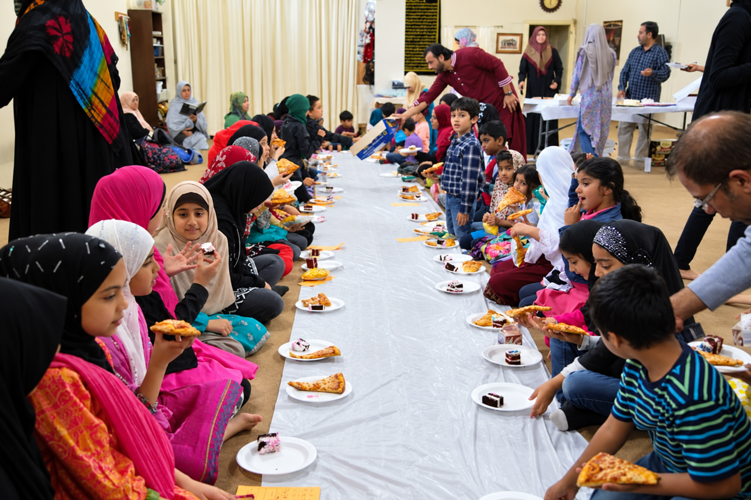 Students and families sharing pizza and cake at an academy celebration