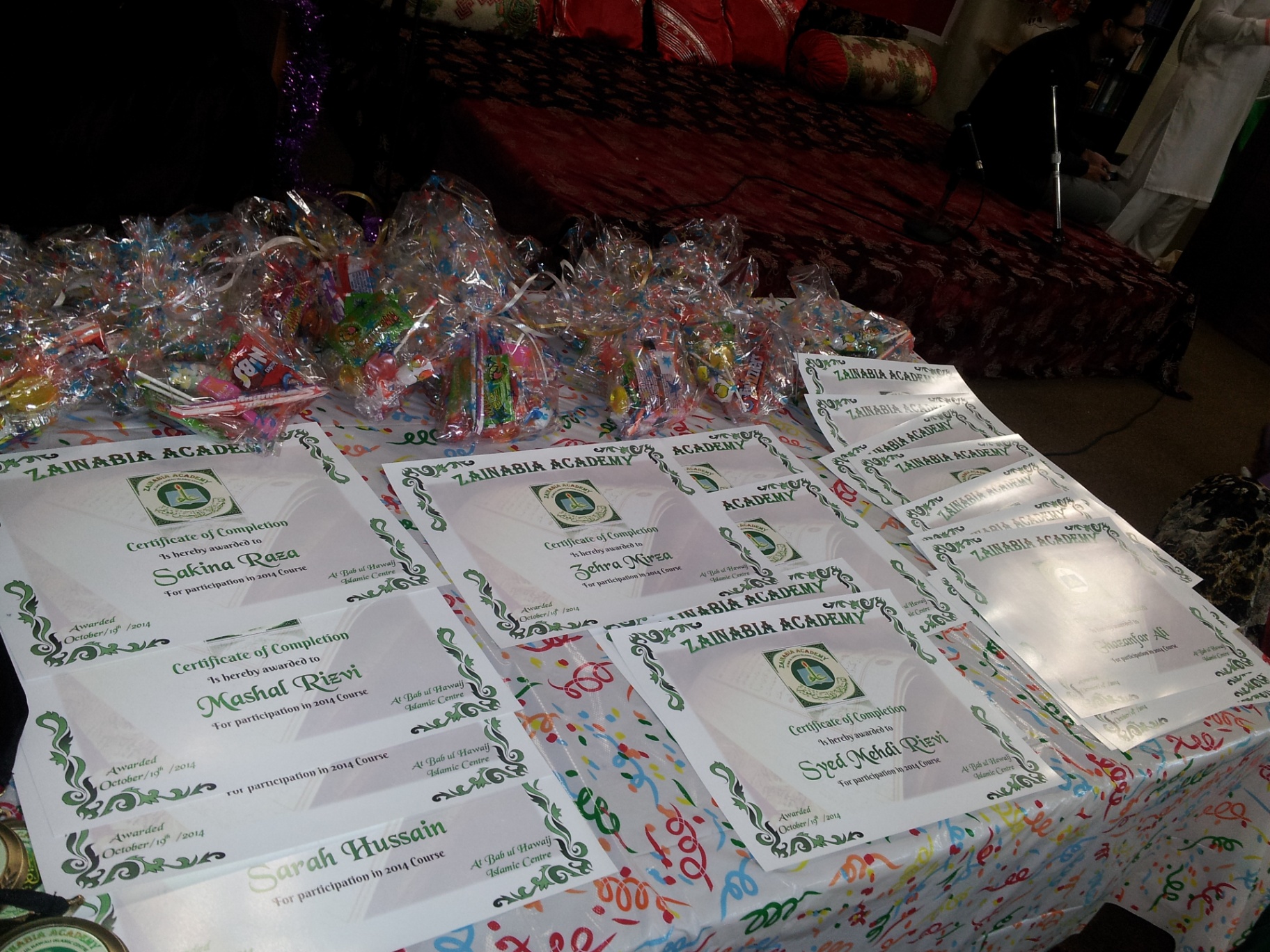 Certificates and student gifts prepared for presentation