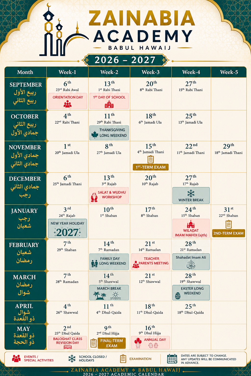 Zainabia Academy 2026 / 2027 academic calendar poster